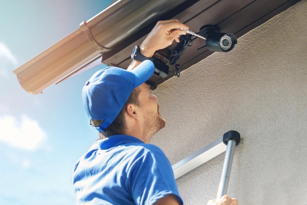 Security engineer installing an external CCTV camera